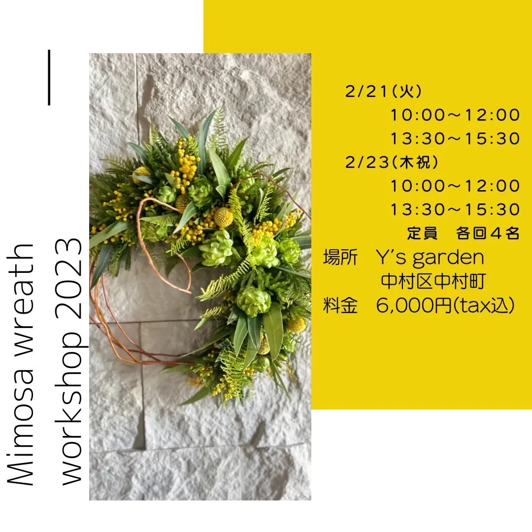 【ワークショップ開催】ミモザを使ったリース作りのワークショップを名古屋で開催｜Y’s garden